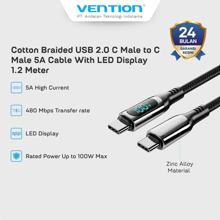 Vention Kabel USB Type C to C Male 5A 480 Mbps 100W Smart LED Display Cable Cotton Braided - TAY