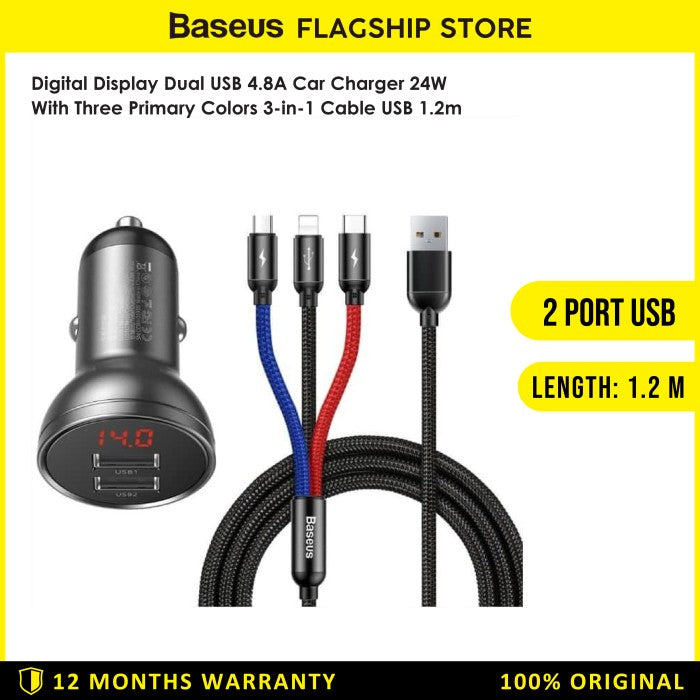 Baseus Digital Display Dual USB 4.8A Car Charger 24W+3in1 USB - TZCCBX