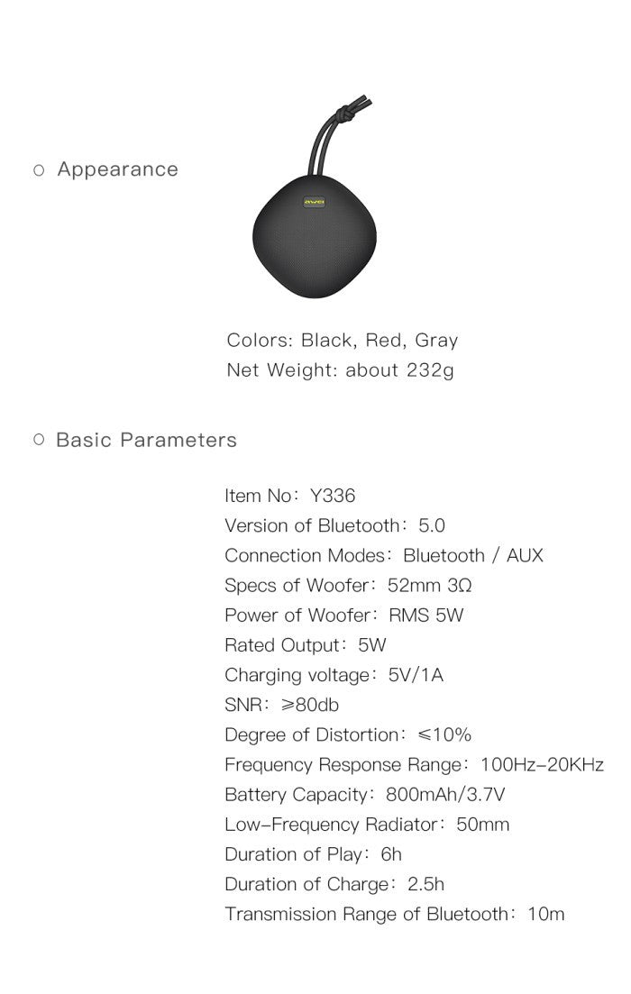 AWEI Mini Speaker Bluetooth Portable - Y336