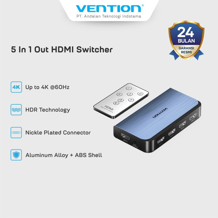 Vention HDMI Switcher 5in 1 Out 4K 60Hz HDR Aluminum Alloy - AKC