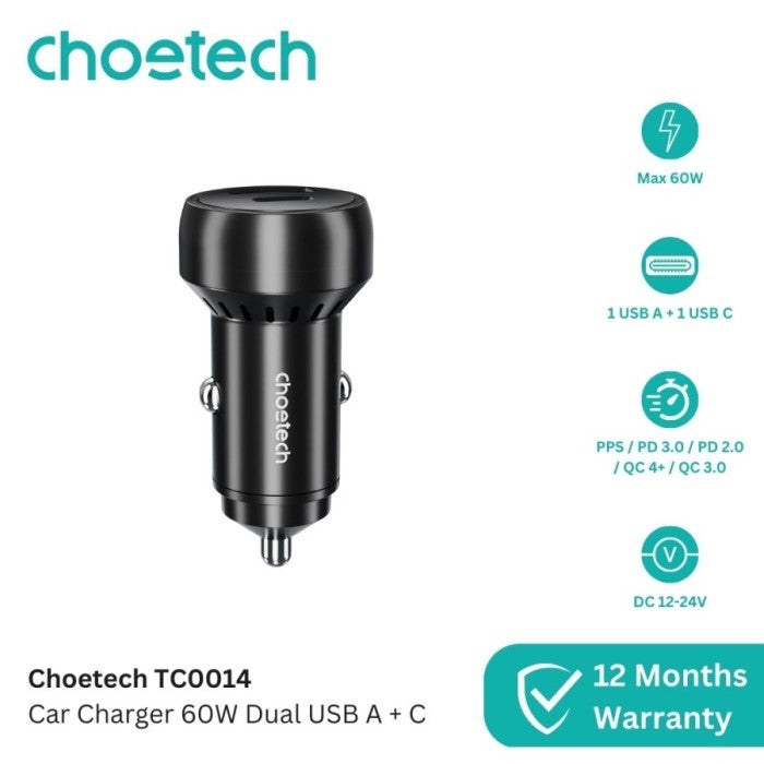 Choetech TC0014 Car Charger Mobil 60W 30W PD PPS QC Dual USB Type A/C