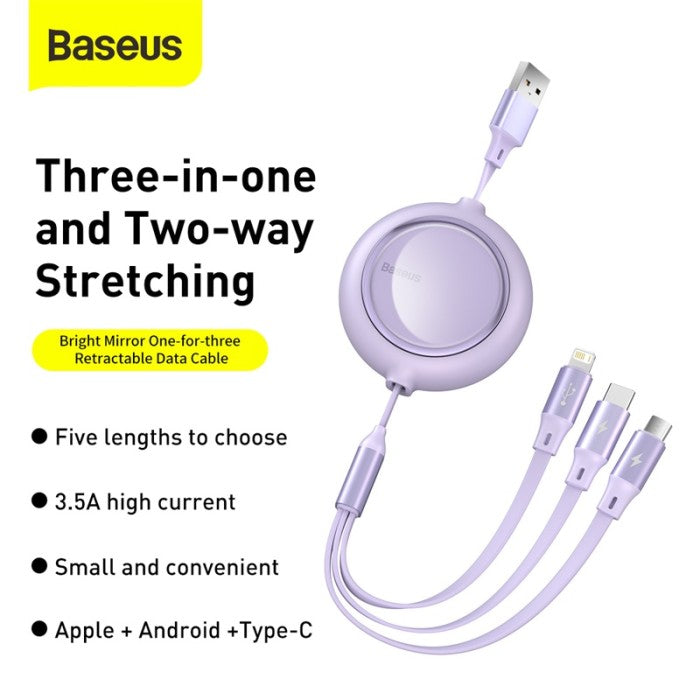 BASEUS Bright Mirror 1for3 Retractabl USB to M L C 3.5A 1.2M CAMLT-MJ