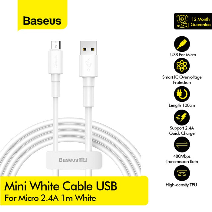 BASEUS Mini White Cable USB For Micro 2.4A 1m CAMSW