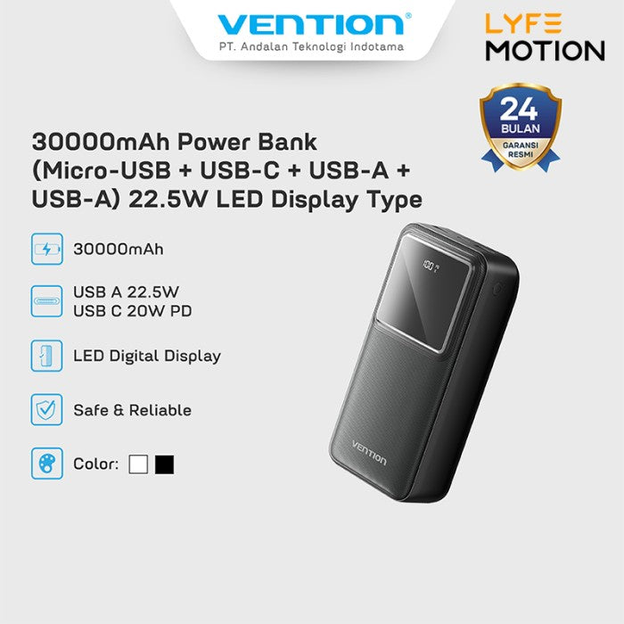 Vention Powerbank Led Display 30000mAh 22.5 QC PD Fast Charging - FHM