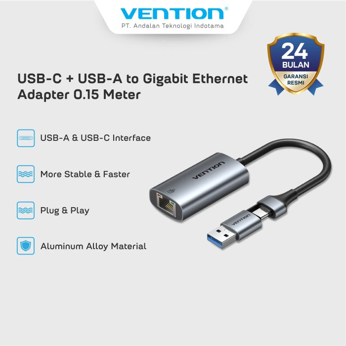 Vention Adapter Converter 2in 1  USB Type A / USB Type C to Gigabit Ethernet Network LAN Cat 6 1000Mbps ABS - CFQ