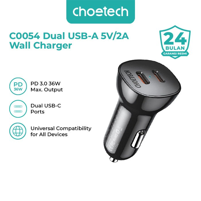 Choetech C0054 Fast Car Charger Dual USB C 36W