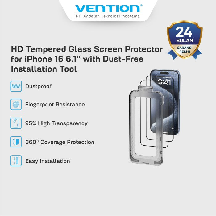 Vention HD Tempered Glass Screen Protector iPhone 16 Plus Pro Max 6.1 6.3 6.7 6.9 Inch Dust Free Installation Tool - KUQ