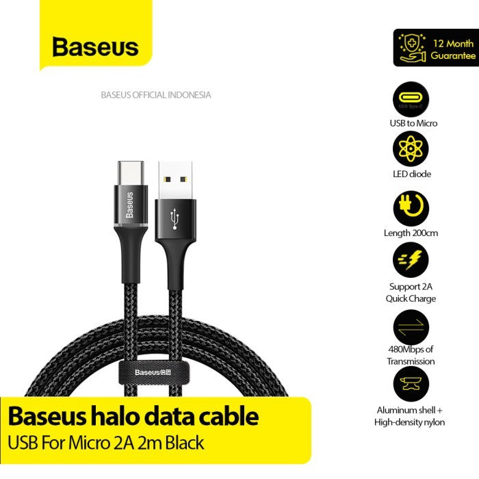 Baseus Halo Kabel Charger USB A to USB Micro 2M Black - CAMGH-C