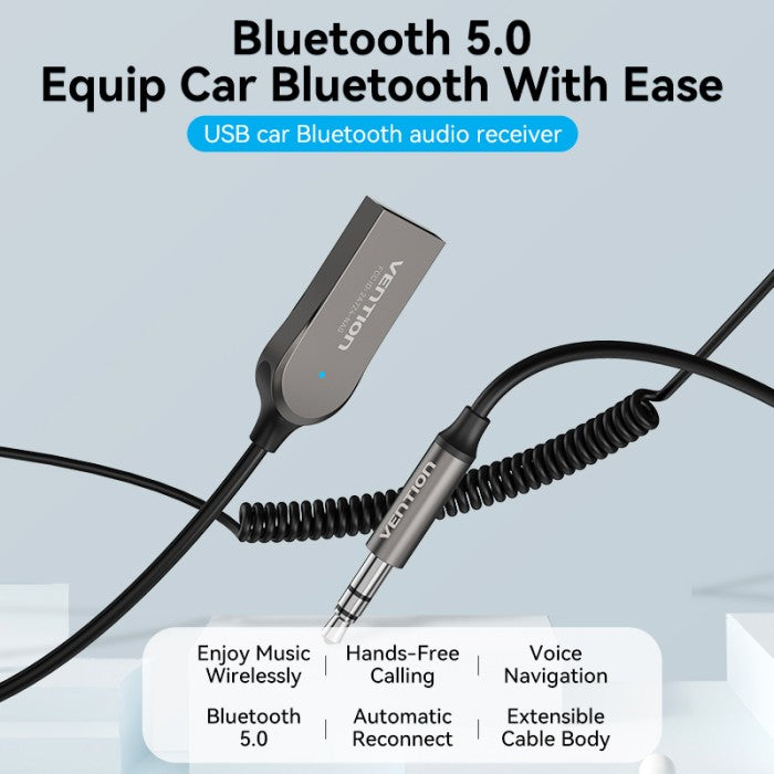 Vention Kabel USB 2.0 Male to AUX TRS 3.5mm Car Wireless Bluetooth 5.0 Audio Receiver Coiled Cable HIFI - NAG