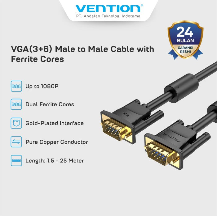 Vention Kabel Ekstension VGA (3+6) Cable Male to Male Ferrite Cores 1080P 60Hz 20M 25M - DAE