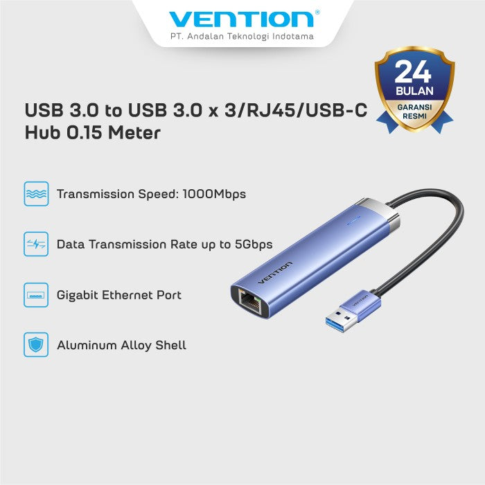Vention HUB USB 3.0 Multiport to 5in1 USB 3.0/RJ45/USB C Aluminum Alloy - TGF