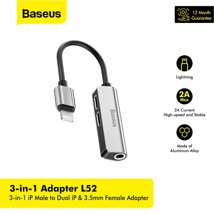 BASEUS 3-in-1 iP Male to Dual iP & 3.5mm Female Adapter L52 - CALL52