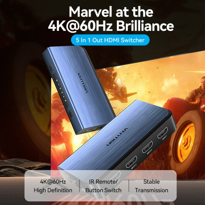 Vention HDMI Switcher 5in 1 Out 4K 60Hz HDR Aluminum Alloy - AKC