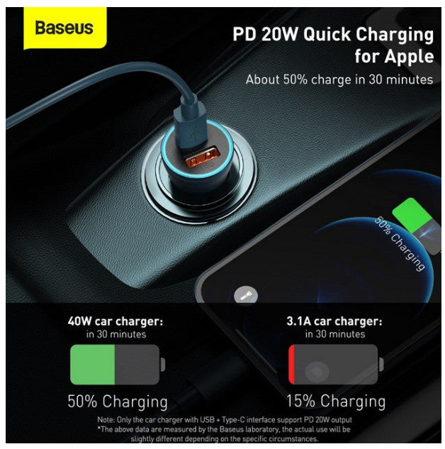 Baseus Golden Contactor Pro Dual Quick Charger Car Charger U+C 40W & Kabel iPhone