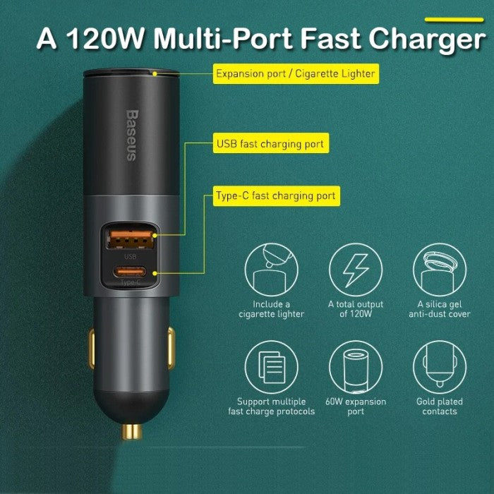 BASEUS Car Charger Fast Charging 120W U+U with Cigarette Lighter CCBT
