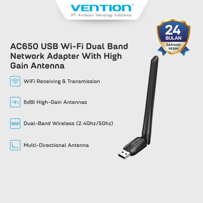 Vention Wireles USB Adapter Wi-Fi With Dual High Gain Antenna - KDT