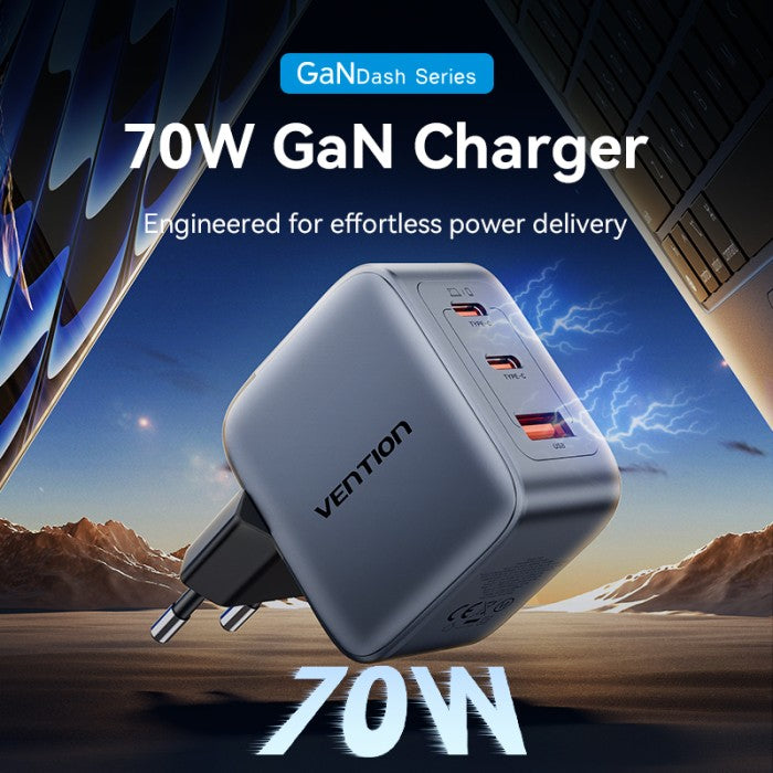 Vention Dash Series Kepala Charger GaN5 3 Port USB (2C+A) 70W Fast Charging - FEX