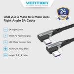 Vention Kabel USB 2.0  Male Type C to Type C Dual Right Angle 5A 100W PD 480 Mbps For Samsung Huawei Xiomi Aluminum Alloy 1M 2M - TAN