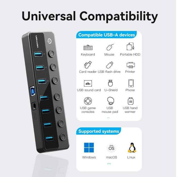 Vention Hub 8 in 1 3.0 WIth individual Power Switches Led & DC 5.5mm Power Adapter - CHX
