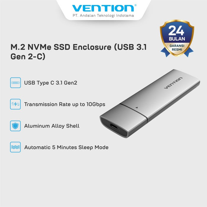 Vention Cassing M.2 NVMe SSD HDD Enclosure Bundling Kabel USB 3.1 Type C Gen 2 Aluminum Alloy - KPG