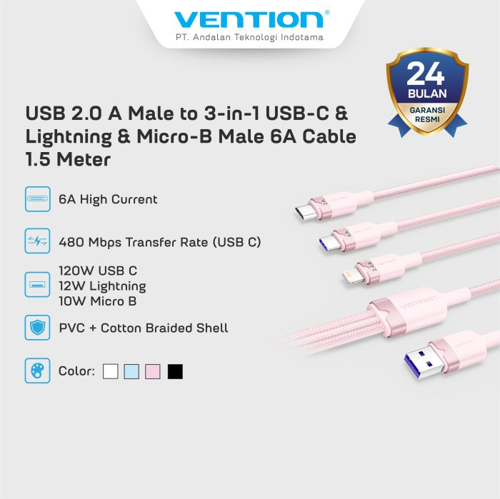 Vention Kabel Data Charger 3 in 1 USB A 2.0 to USB Type C/Micro/Lightning 2A 3A 6A 120W - CTR