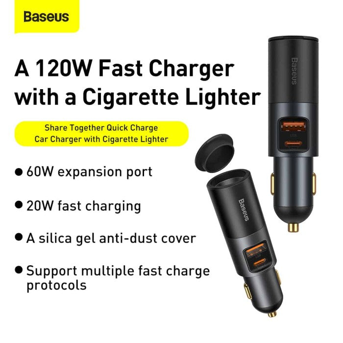 BASEUS Fast Car Charger w/ Cigarette Lighter Port U+C 120W CCBT-C