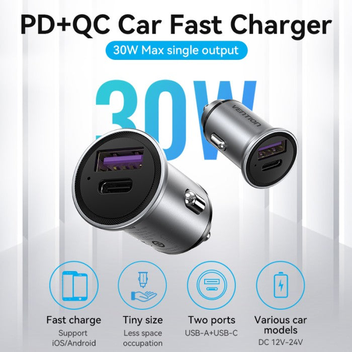 Vention Car Charger Dual Port USB (A+C) 30W PD  Quick Charger - FFF