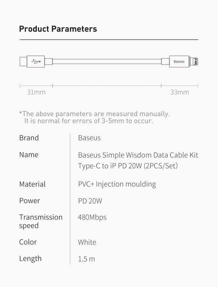 Baseus Simple Wisdom Kabel Charger Type C to Lighning (2pcs) - TZCATLZ