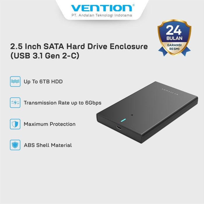Vention Cassing HDD 2.5 Inch SATA Hard Drive Enclosure Free Kabel USB 3.1 Gen 2 C 6Gbps - KPB