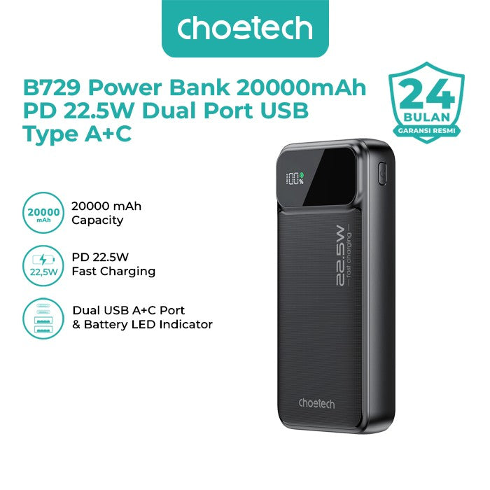 Choetech B729 Power Bank 20000mAh PD 22.5W Dual Port USB Type A+C