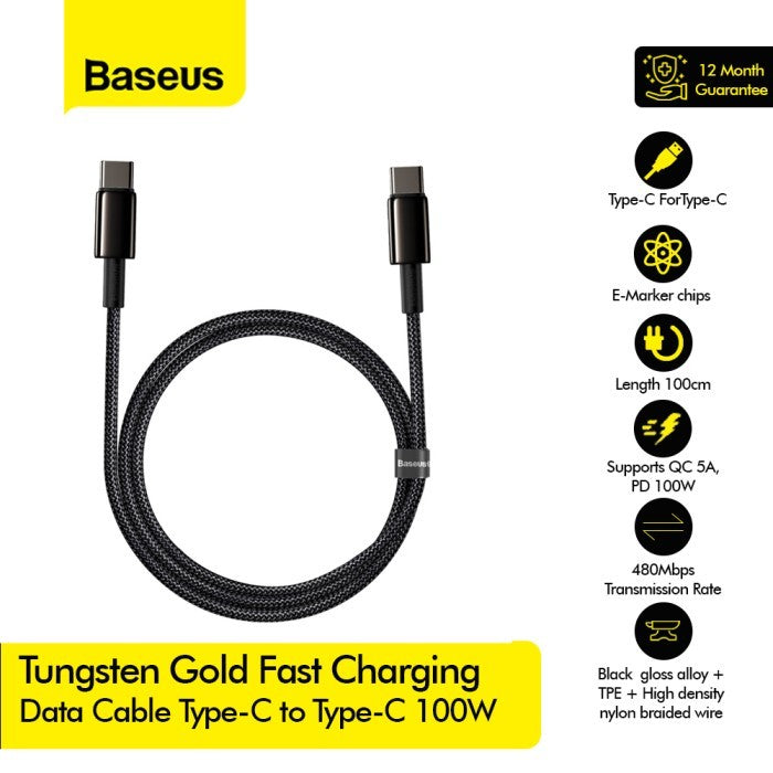 Baseus Tungsten Gold Kabel Charger Type C to C 100W 1M - CATWJ-01