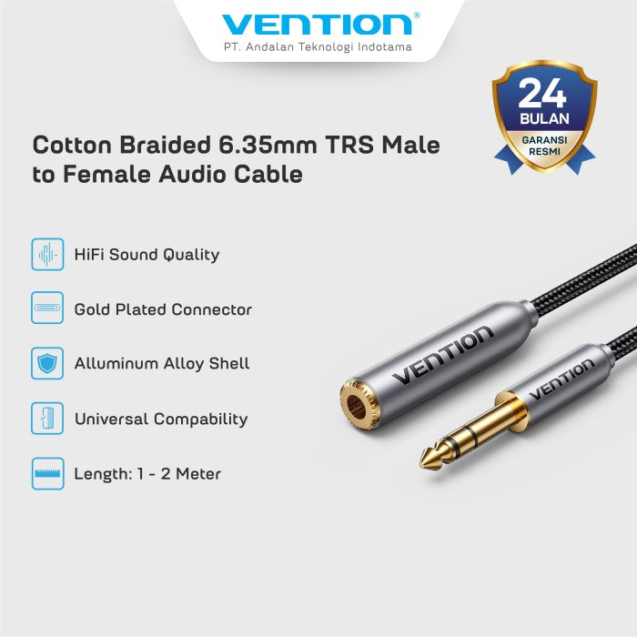 Vention Kabel Jack Extension Audio 6.5mm Male to Female Cable Cotton Braided 1M 2M - BCX