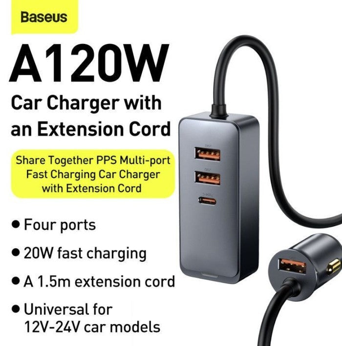 Baseus Car Charger Fast Charging 120W 3U+1C PPS Multi-port