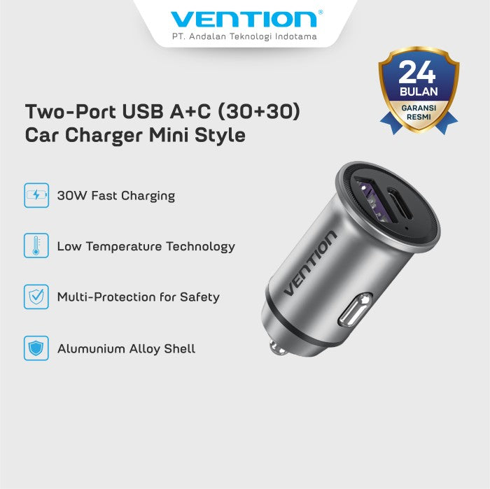 Vention Car Charger Dual Port USB (A+C) 30W PD  Quick Charger - FFF