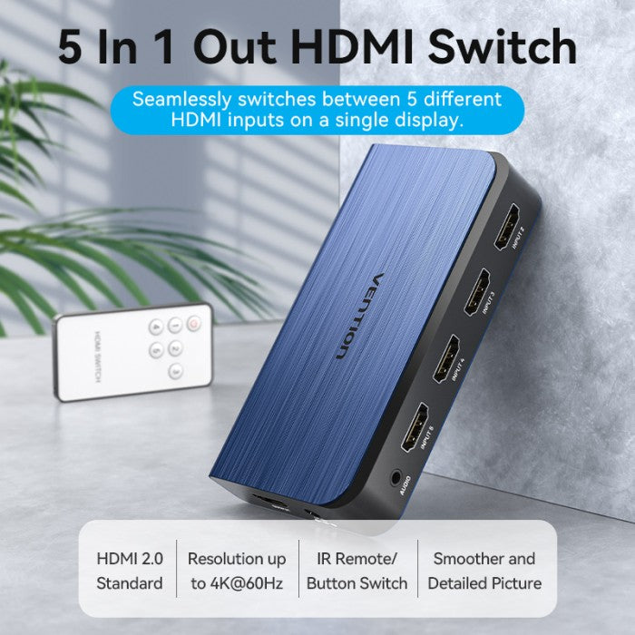 Vention HDMI 2.0 Switcher 5in 1 Out 3D 4K 60Hz HDR HDCP 2.2 with TRS 3.5mm  Audio Port Toslink - AKD