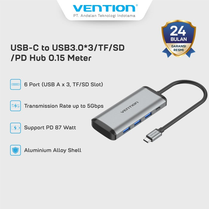 Vention Hub Adapter 6in 1 USB Type C to USB A TF SD PD Power Suplay - TGR