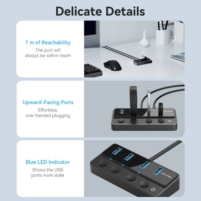 Vention USB Hub 3.0 4 Port With Individual Power Switches - CHW