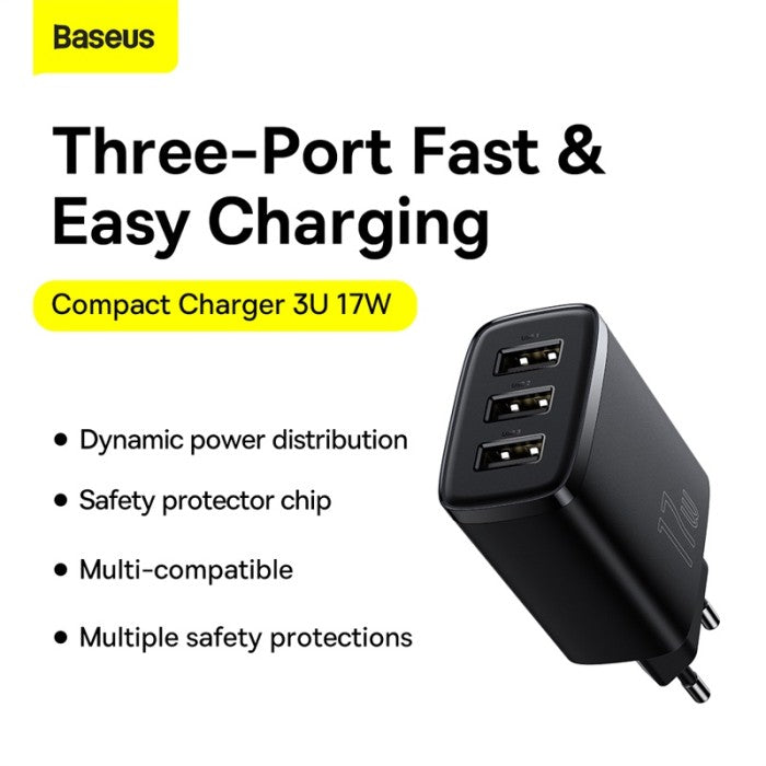 Baseus Compact Charger USB 3 Port 17W EU