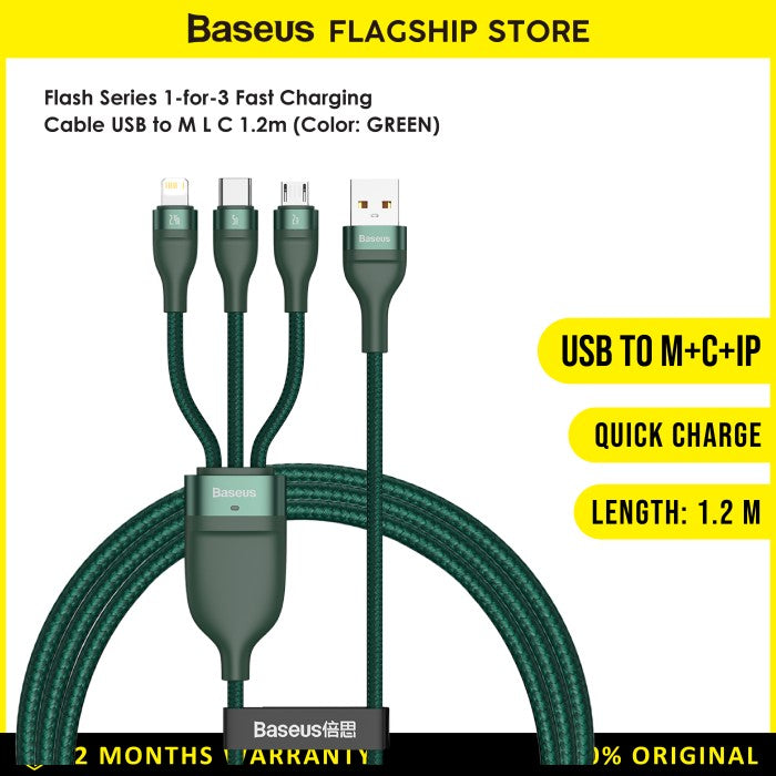 Baseus Flash Series 3in1 Kabel Charger USB A to M L C 1.2M - CA1T3