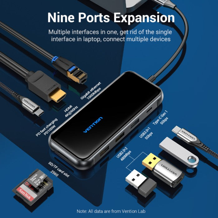 Vention Hub Multiport 9in 1 Docking Station USB Type C To HDMI/USB C 100W PD Acrylic Type - TFH