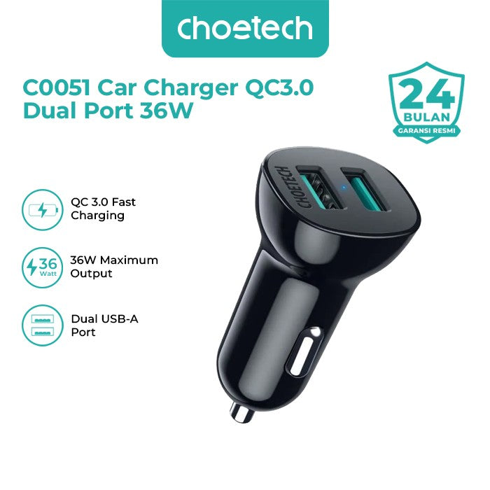 Choetech C0051 Car Charger Dual Port USB 36W QC