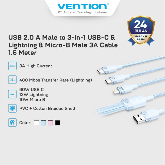 Vention Kabel Data Charger Cable 3in 1 USB A 2.0 to USB Type C/Micro/Lightning 3A 60W 480 Mbps - CTP