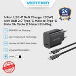 Vention Kepala Charger 1C 30W PD QC EU Bundling Kabel USB Type C to C 3A 60W 480Mbps 1M Braided Cable - G18