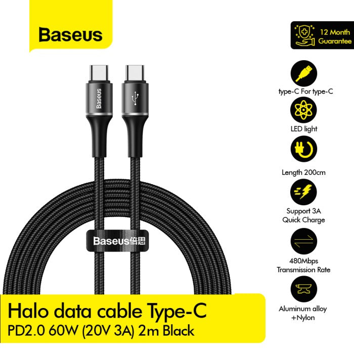 BASEUS Halo Data Cable Type-C PD 2.0 60W (20V 3A) 2m - CATGH-K