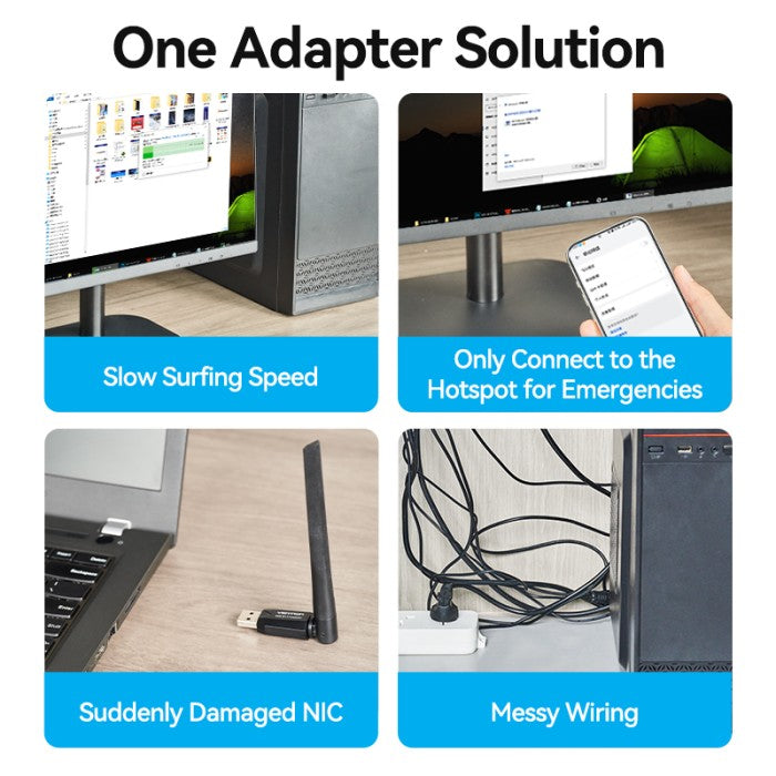 Vention Wireles USB Adapter Wi-Fi With Dual High Gain Antenna - KDT