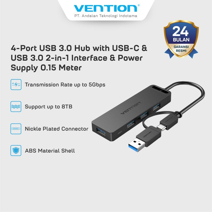 Vention HUB USB 3.0 4 Port Hub with USB Type C 2in1 Interface 0.15M ABS Power Supply - CHT