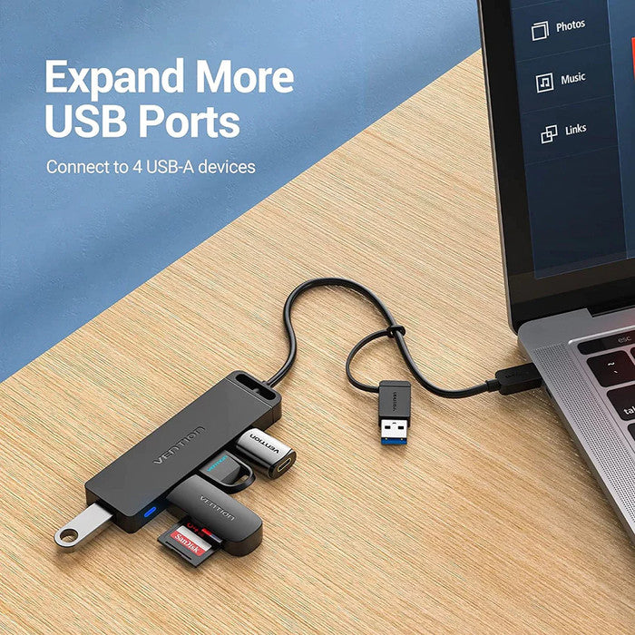 Vention HUB USB 3.0 4 Port Hub with USB Type C 2in1 Interface 0.15M ABS Power Supply - CHT