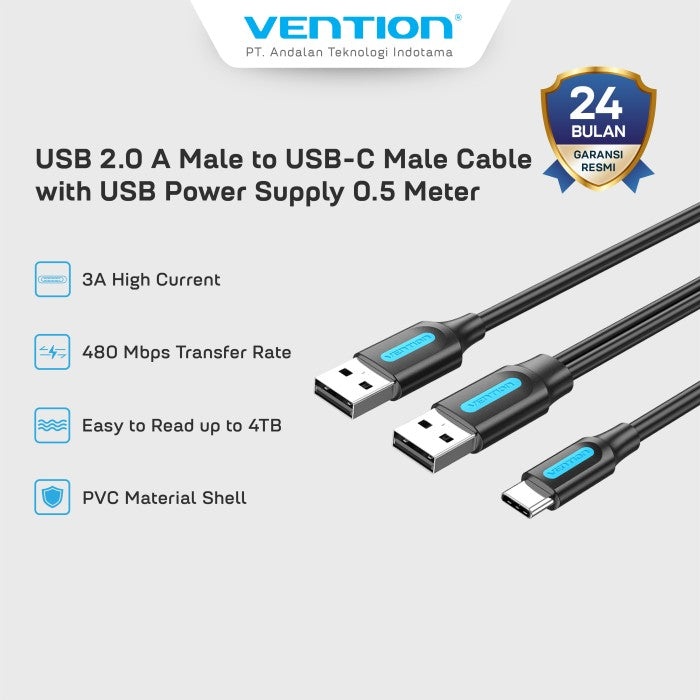 Vention Kabel USB 2.0 A Male to USB Type C Male Cable with USB Power Supply 0.5M PVC - CQK