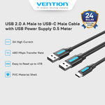 Vention Kabel USB 2.0 A Male to USB Type C Male Cable with USB Power Supply 0.5M PVC - CQK
