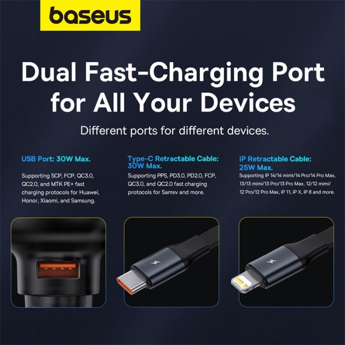 Baseus Enjoyment Pro Car Charger C+Retractable Type-C Cable 60W